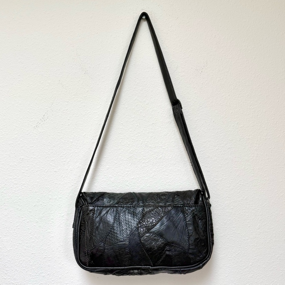 Vintage Black Leather Patchwork Shoulder Bag 90s … - image 3